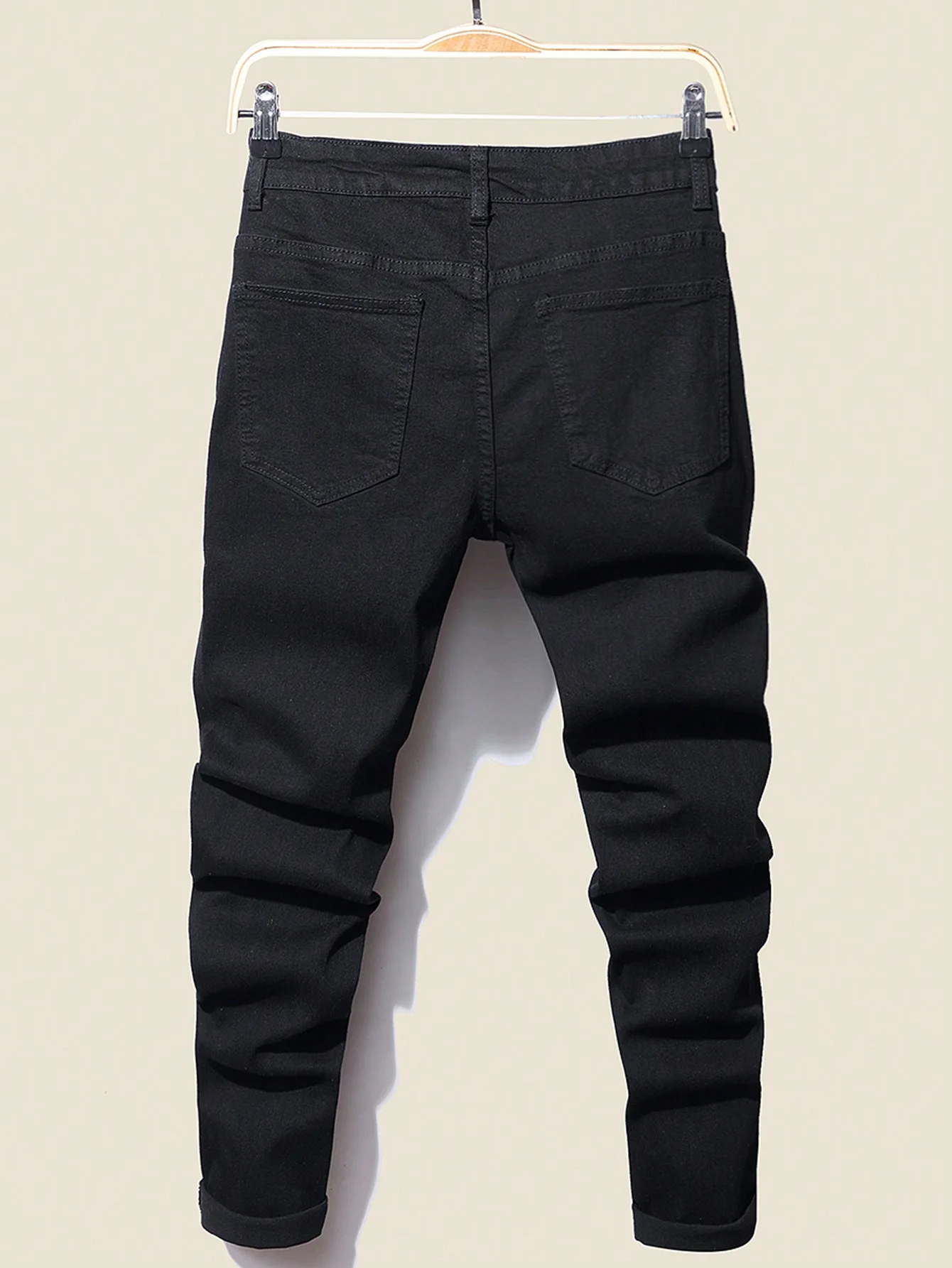 Men's Stretchy Ripped Denim Jeans Slim Fit Straight Trousers Elastic Waist Patchwork Holes Tearing Streetwear Casual Pants