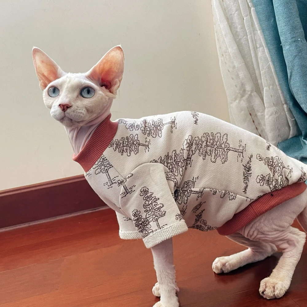 Stretch Terry Cotton White-Pink Sweatshirt for Hairless Cat Devon Rex Autumn and Winter Coat Warm Loungewear For Sphinx Cat