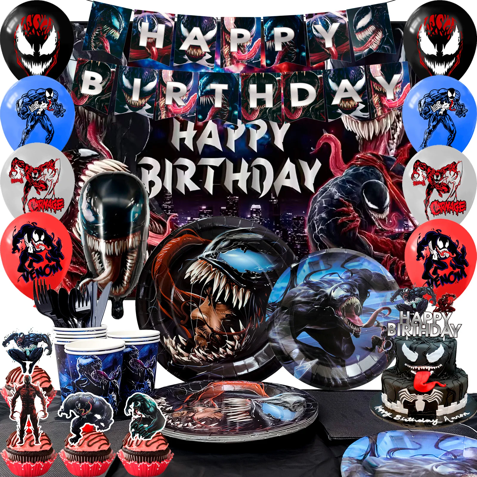 Venom 113 pcs Party Decorations&venomParty Tableware venom Decorations Banner Balloons Backdrop Plates Napkins Table Cloths etc