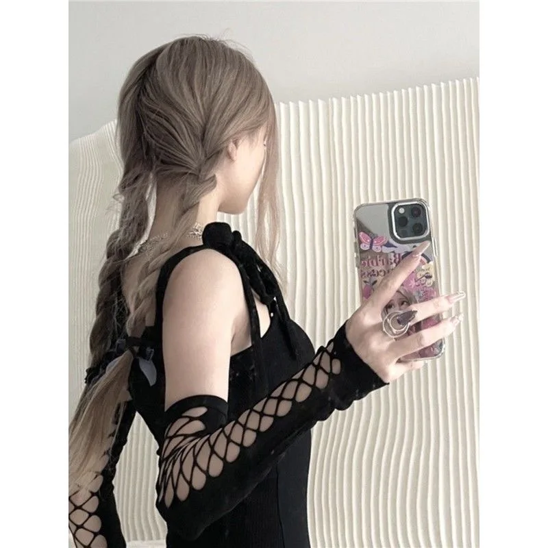 Gloves Arm Sleeves Women Black Mesh Fabric Ripped Gothic Sun Protection Adult Size Lightweight Comfortable Photo Performance Fun