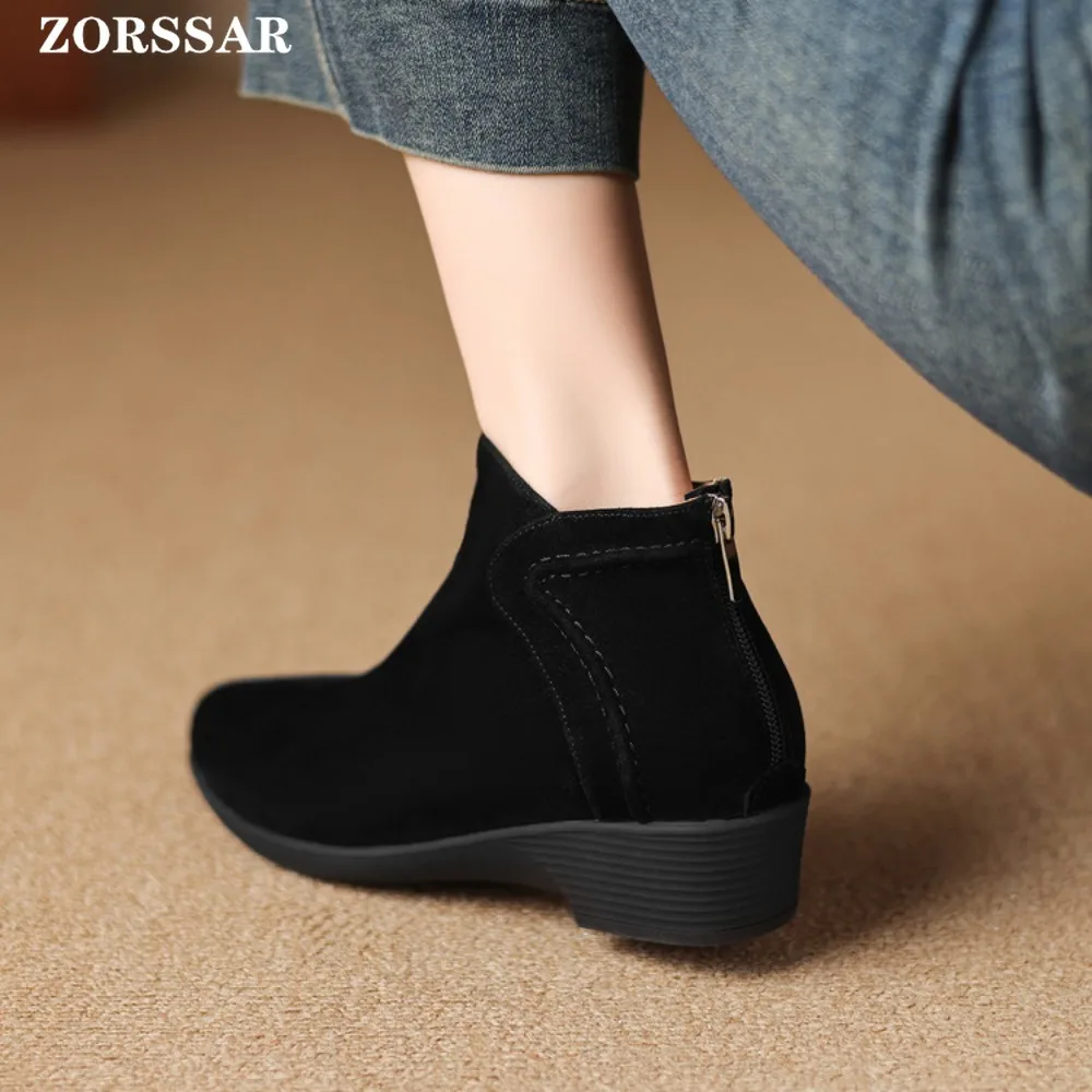 Bottines Chelsea classiques en daim à bout pointu et talon compensé pour femme et enfant, bottines de Cowboy simples et confortables, hiver 2025
