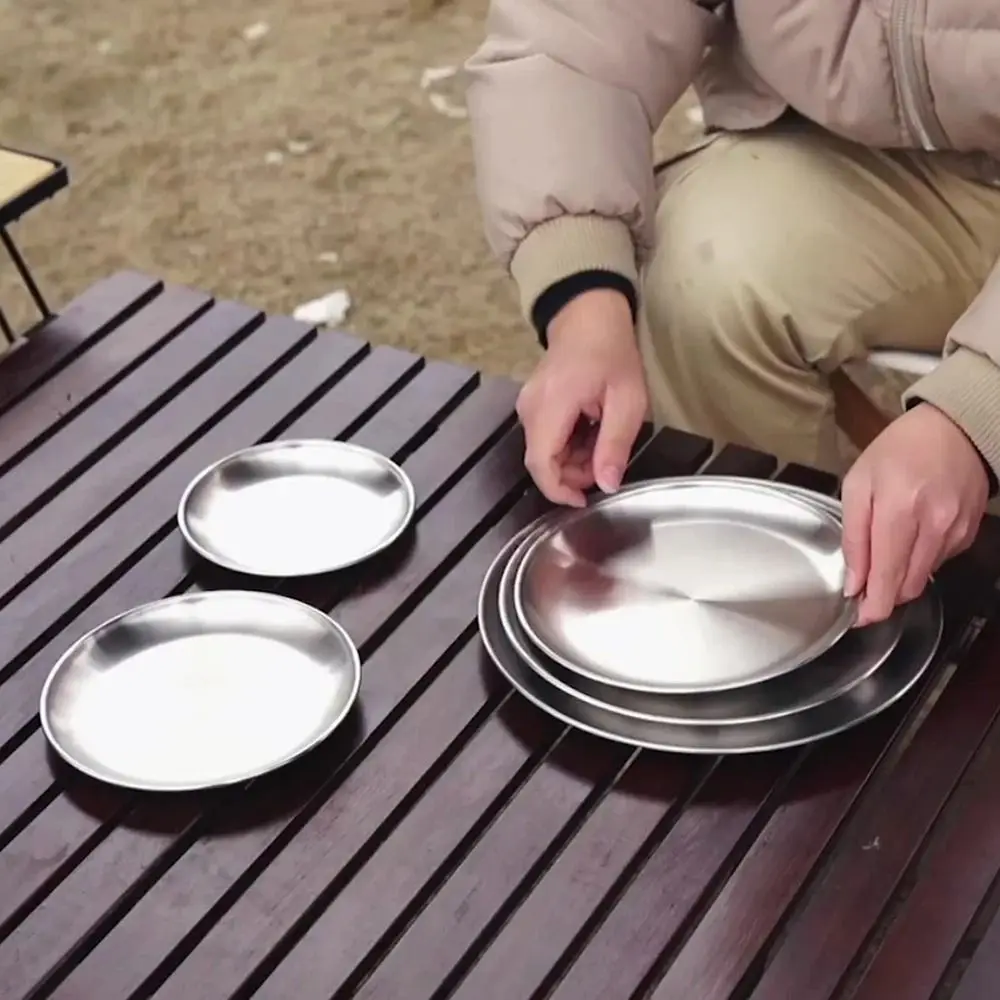 Steel Food Container Round Tray Utensils Camping Cookware Food Dish Round Dinner Plate Dinner Plate Tableware Camping Plate