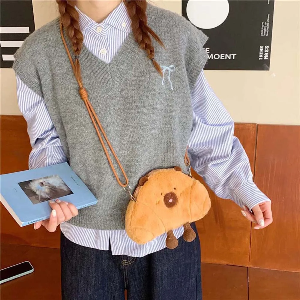 

Cute Bread Capybara Shoulder Bag Large Capacity Soft Plush Croissant Crossbody Bag Lightweight Furry Creative Cartoon Pouch