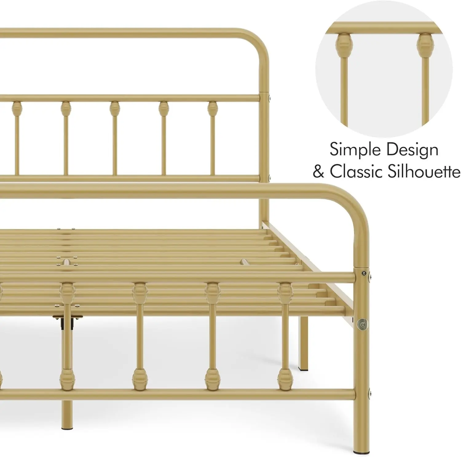 Base de matelas à cadre de lit à plateforme en métal classique, tête de lit en fer forgé, repose-pieds, espace de rangement sous le lit, pas besoin de ressorts