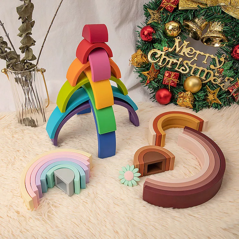 TYRY.HU 새로운 10pcs 아기 실리콘 빌딩 블록 BPA 무료 무지개 소프트 블록 3D 교육 몬테소리 장난감 아기 Teether 선물