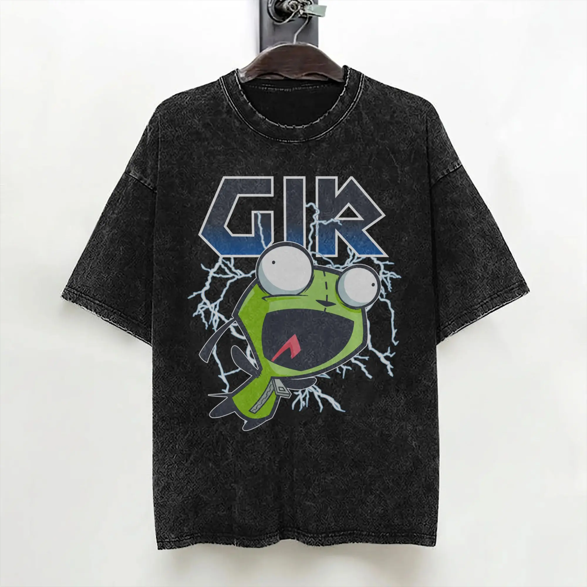 Cartoon Invaders Zim Gir Washed T Shirt Streetwear Retro T-Shirts  Tees Men Women 100% Cotton Oversize Summer
