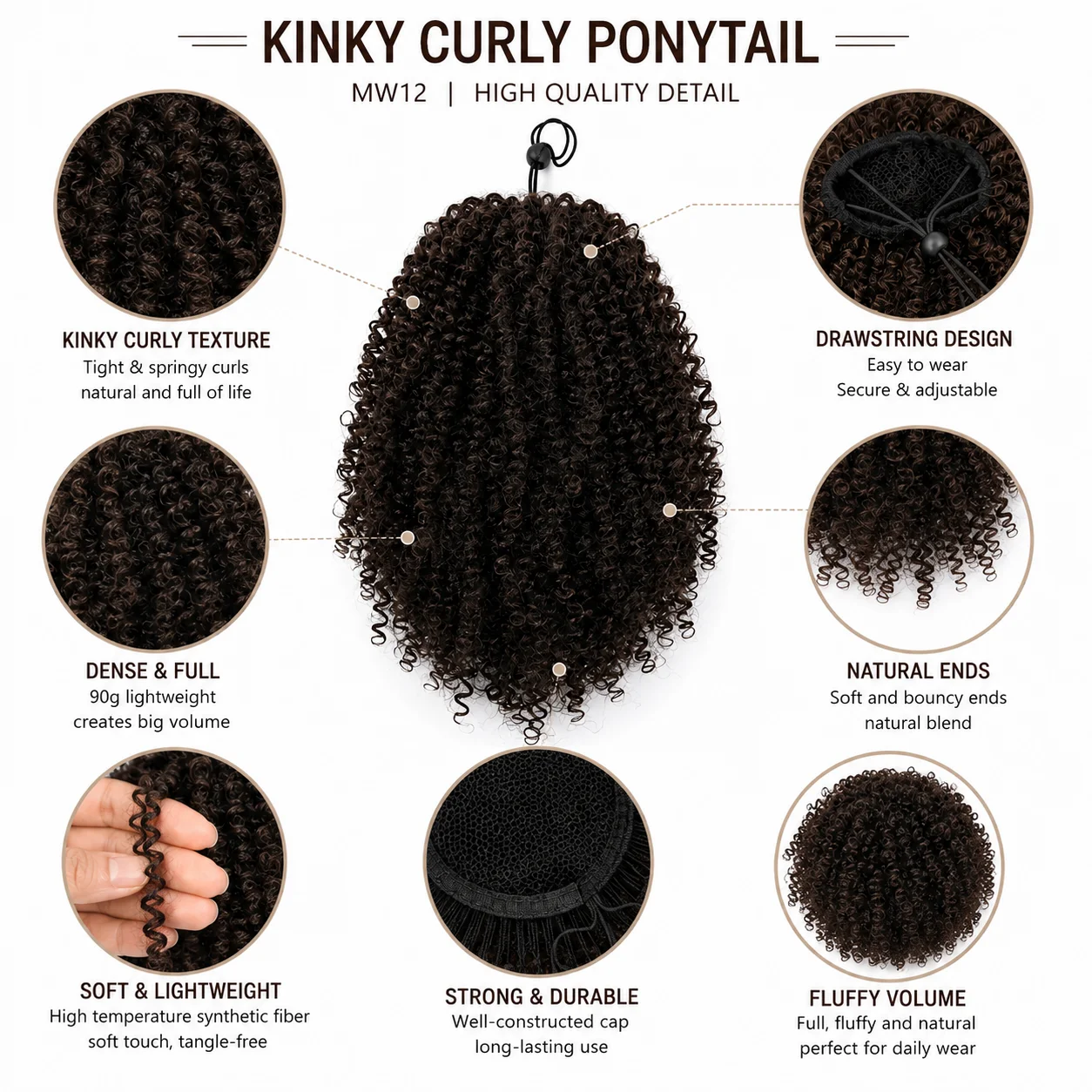 Kinky Curly Drawstring Pferdeschwanz Afro Puff Haarverlängerung Synthetische Krause Textur Hochtemperaturfaser Natürlicher Look für Schwarze Frauen – Detail 3