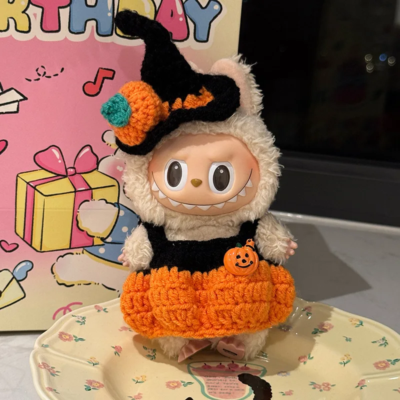 Ropa para Labubu tejida a mano, vestido de muñeca de Halloween, juego, ropa Original para muñeca, sombrero de calabaza, accesorios de Collar de muñeca de vinilo