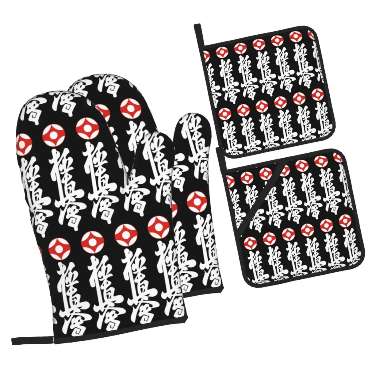 Kyokushin Karate Kanji Taijutsu Oven Mitts and Pot Holder Sets of 4 for Baking Kitchen Cooking BBQ Resistant Non-Slip Gloves