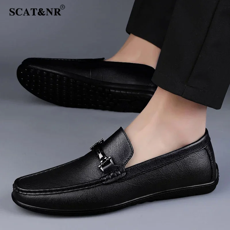 Metal buckle blue loafers genuine leather mens slip on shoes wedding men casual shoes male driving footwear breathable Mens