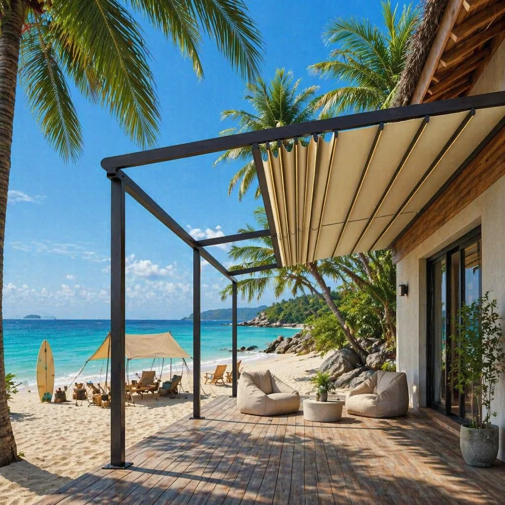 Modern Aluminum Alloy Powder Coated Motorized Pergola with LED Warm Light and Remote Control