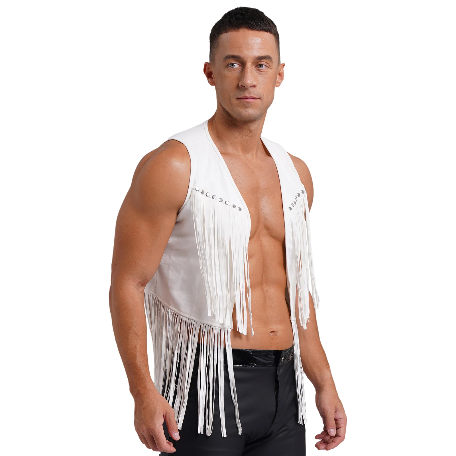 Men Western Cowboy Faux Suede Tassel Vest Fashion Rivets Fringe Waistcoat Open Front Sleeveless Jacket Cosplay Role Play Costume