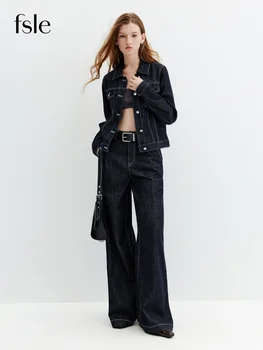 FSLE【Premium Series】Vintage Y2K Denim Jacket Jeans Set Slim Trucker Coat Straight Leg Jeans Co-ord for Retro Street Chic Style 2