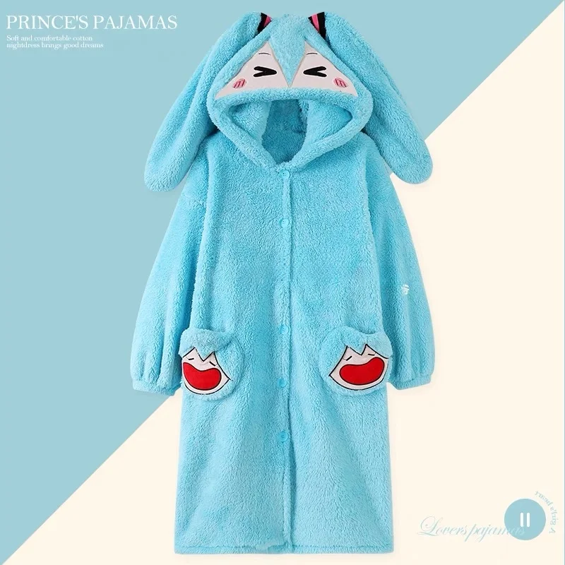 Hatsune Miku Plush Pajamas Set Anime Cute Cartoon Nightgown Comfortable and Skin-friendly Kawaii Sweet Girl Warm Home Clothes