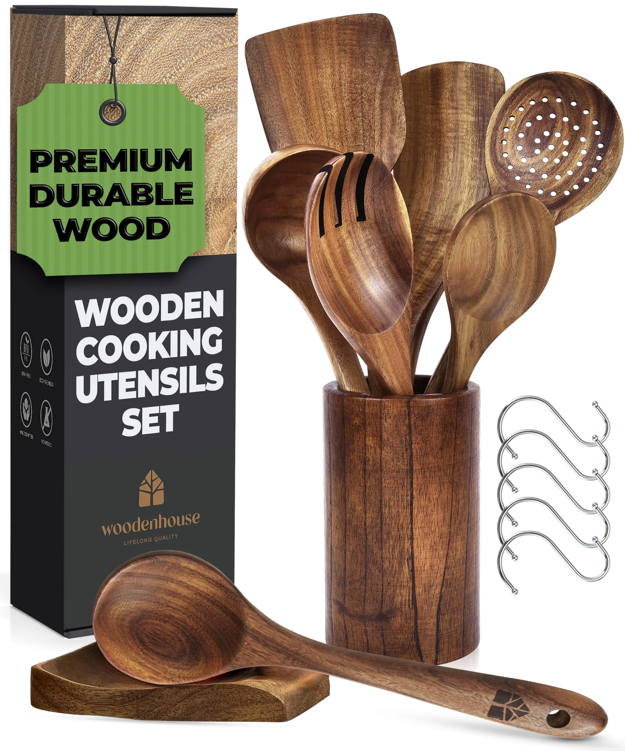 Wooden Spoons for Cooking, Wooden Cooking Utensils Set, Wooden Utensil Set with Holder, Spoon Rest & Hooks