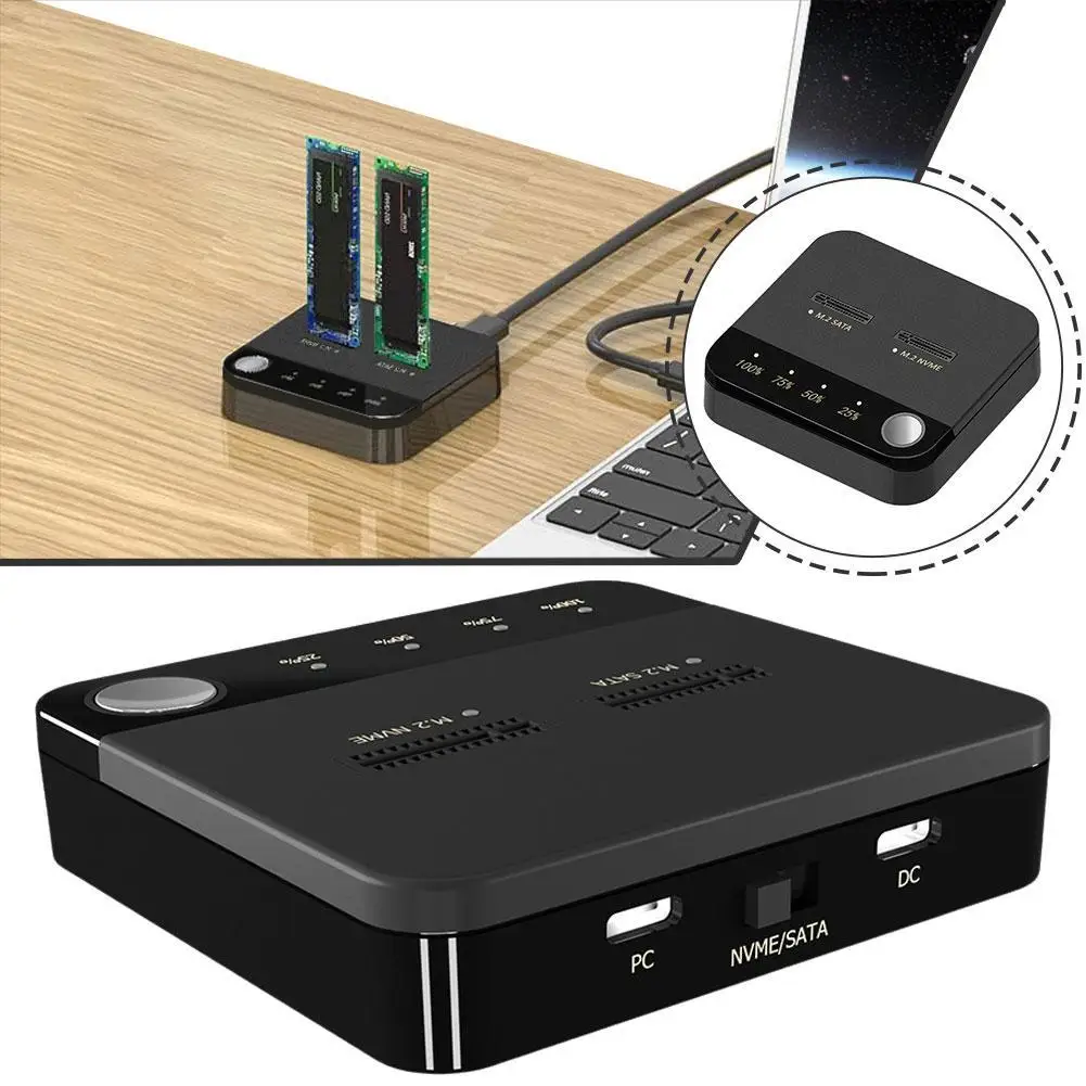 Dual Slots Mutual Copy Cloner For M.2 SATA/NVME Offline Hard Disk Cloning 2in1 USB-C/A To USB-C Portable Hard Drive Storage Box