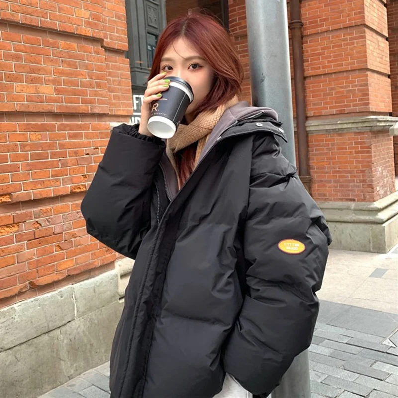 シックなフェイクツーピースデザインのパーカー、女性用パフパッチワークフード付きパーカージャケット、女性用冬用ポケット付きジッパーアップパッド入りジャケット、レディース