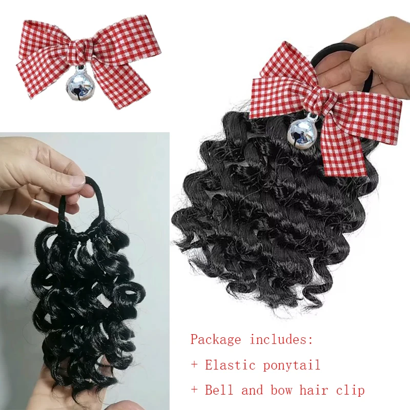 

2 Packs bell checkered bow hair clip Kid Ponytail Double Afro Puffs Kinky Curly Hair Bun Natural Black Synthetic Hair