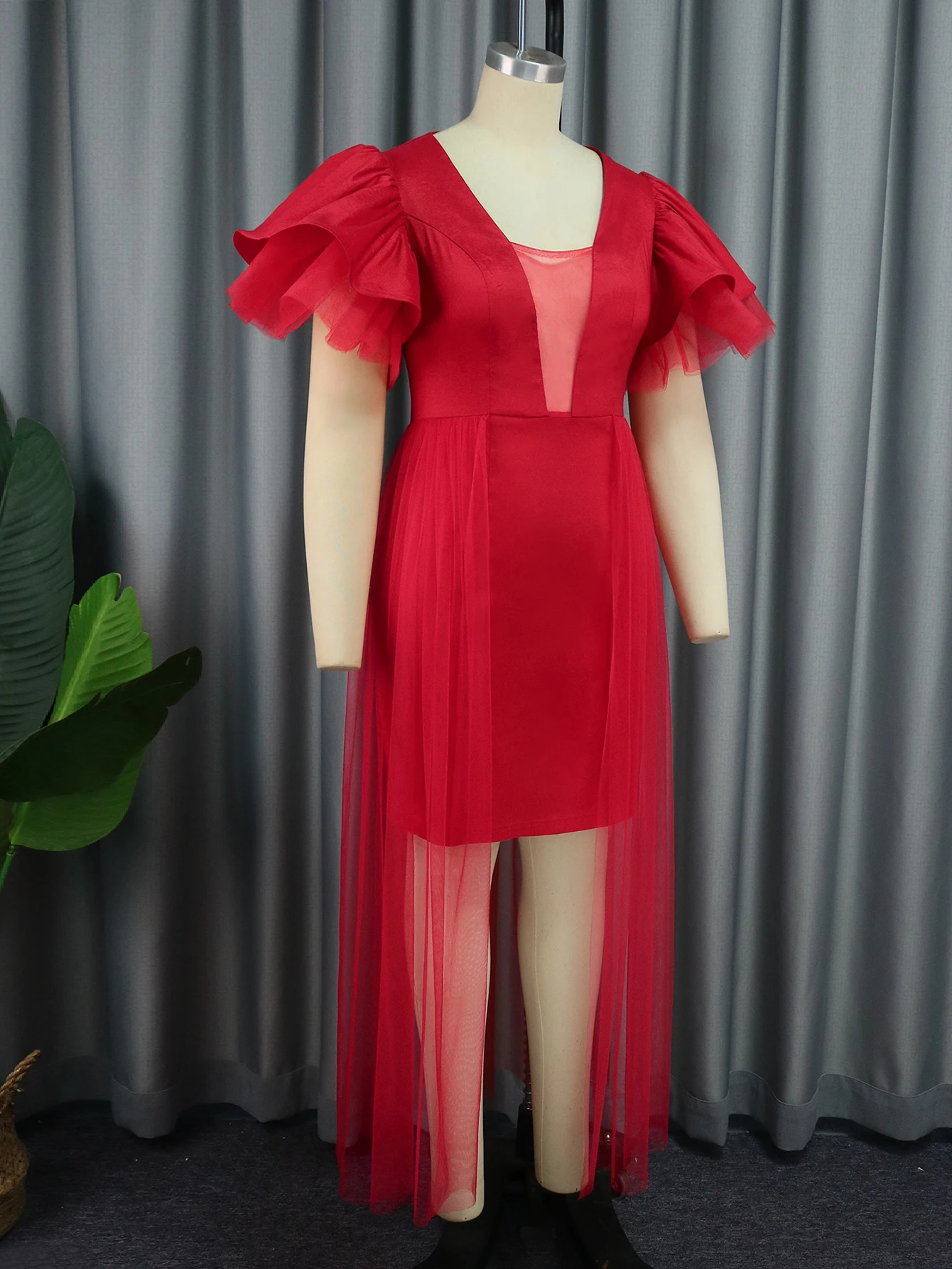 Sexy Red Party Prom Dress with Cape Overskirt Sheer Deep V Neck Puff Layered Sleeves Summer Dresses for Women Special Occasion