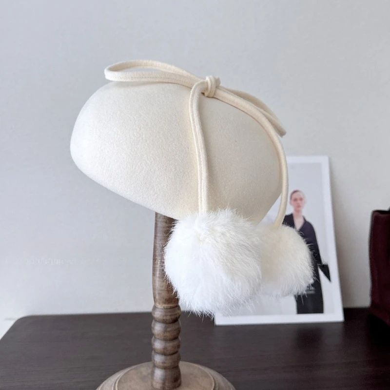 Koreanische Version Ins Süße Schleife Pelzbommel Woll-Baskenmütze Damen Winter Vielseitige Elegante Warme Malermütze Einfarbige Kürbismütze – Detail 3