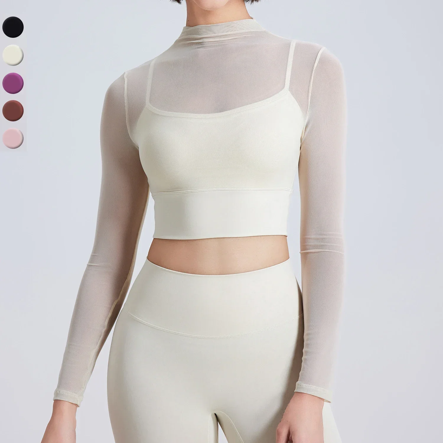 Long Sleeve Yoga Top Women Sexy Mesh 2 in 1 Gym Running Shirt Breathable Quick Dry Workout Shirt with Chest Pads Sportswear