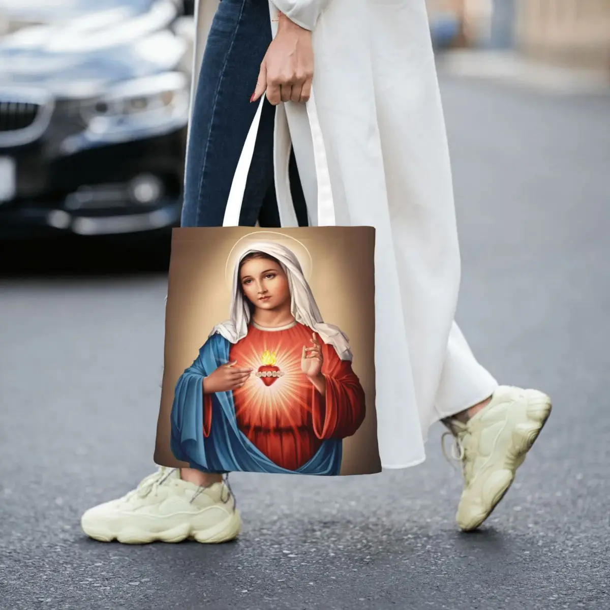 Herz von Mary katholische Leinwand Einkaufstasche Mode große Kapazität Einkaufs tüte für Frauen Christus Christian Student Taschen