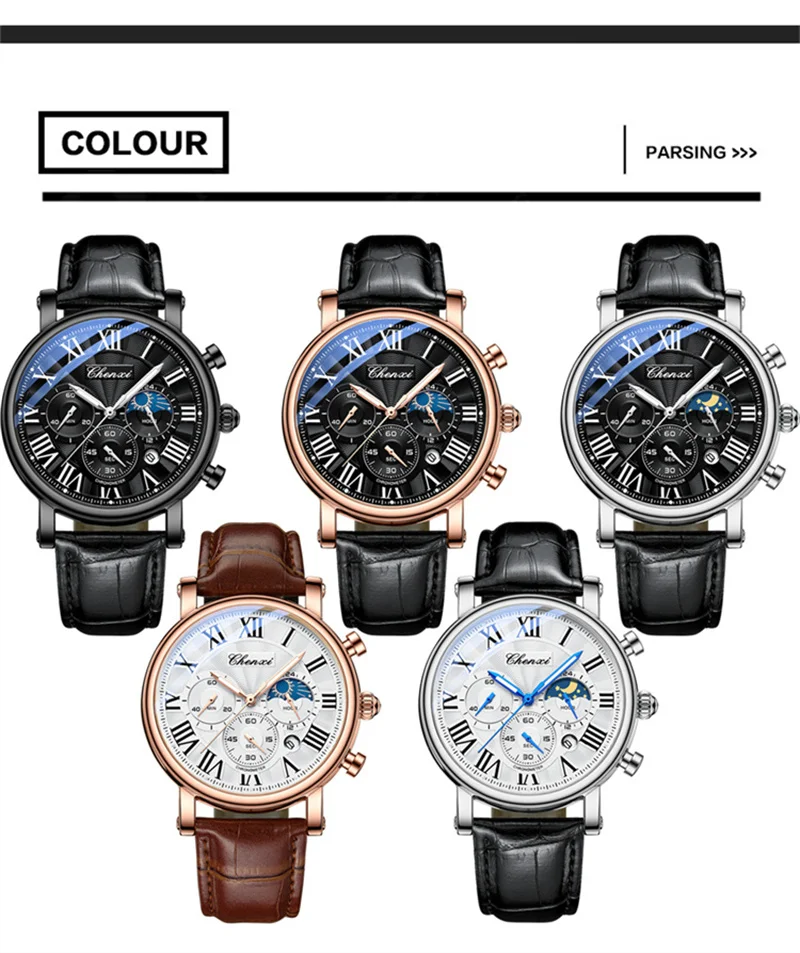 CHENXI 973 Herren-Quarz-Armbanduhr, wasserdicht, leuchtender Chronograph, Multifunktions-Mondphase-Herrenuhren, часы Afrikaans – Detail 11