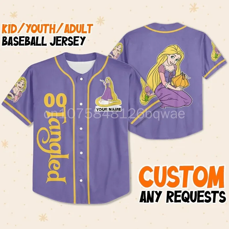 Rapunzel Princess Tangled Baseball Jersey Men Women Baseball Uniforms Custom Name Disney Cartoon Graphic Casual Baseball Jersey