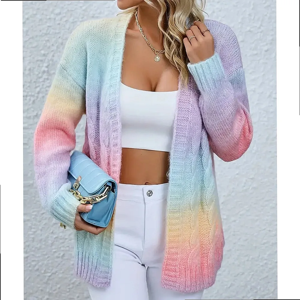 Rainbow Gradient Knit Cardigan Sweater Women Loose Casual Long Cardigans Spring Summer Knitwear Coat