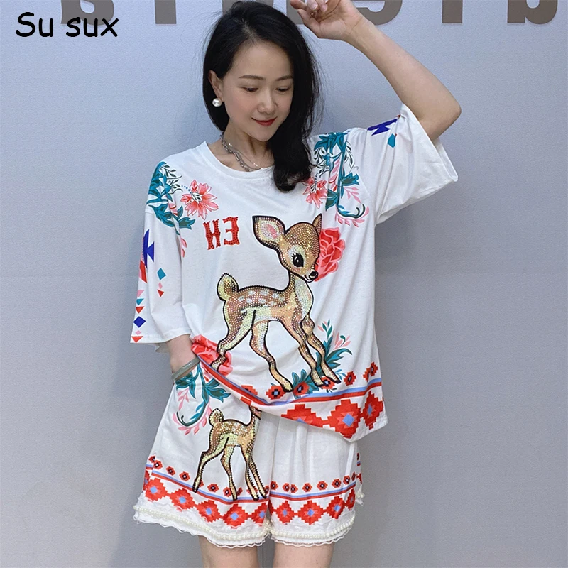 Deer Print Short Pant 2 Piece Sets Woman Outfits 2025 Summer Y2k Clothes Bust 116cm Casual O Neck Short Sleeve T Shirts Matching