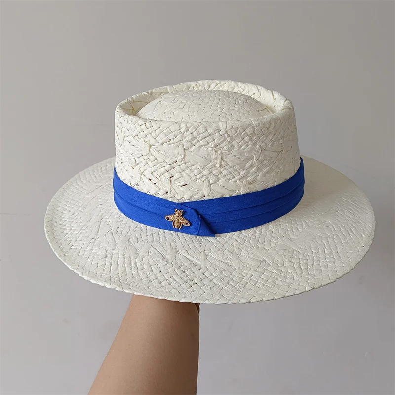 Summer Flat Top Straw Hat Little Bee Accessories Outdoor Sunshade French English Top Hat Sunscreen Beach Big Edge Straw Hat