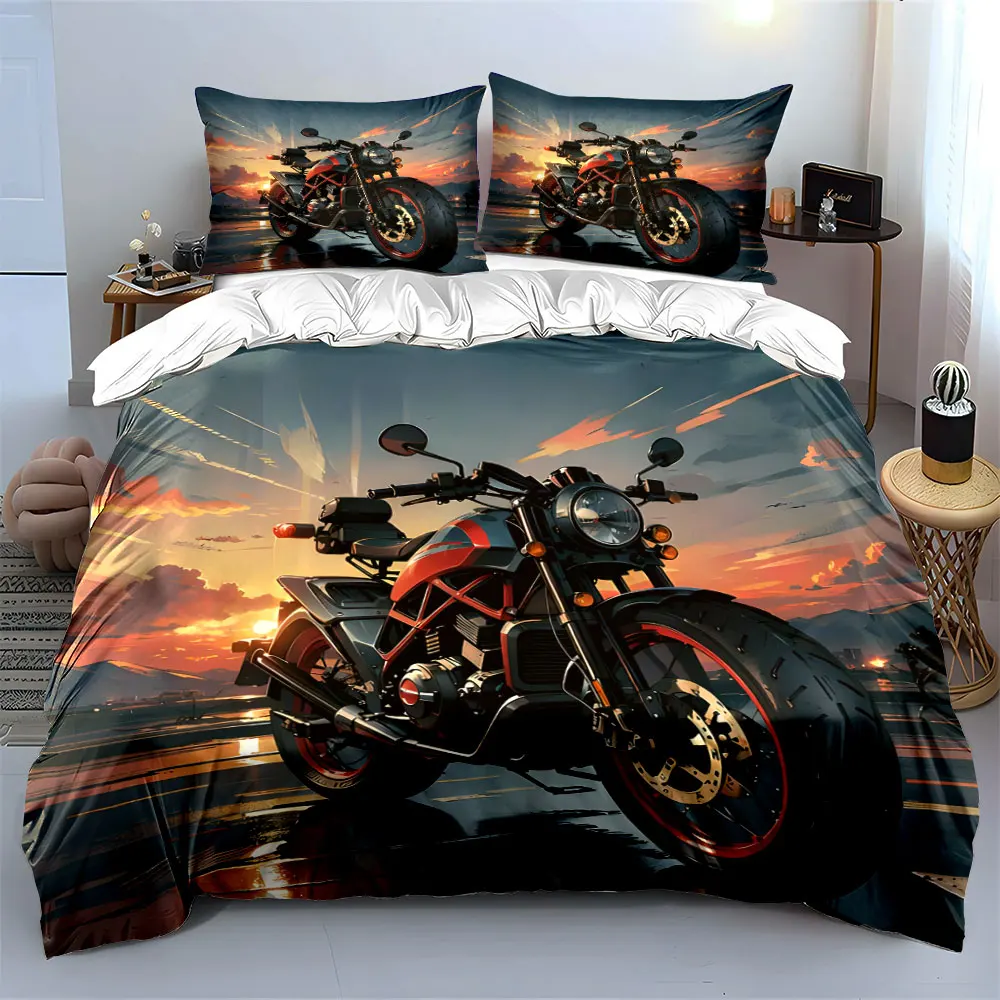 Cool Motorcycle with Sunset Background Print Soft Comfortable Duvet Cover Bedding Set Included 1*Duvet Cover  2*Pillowcases