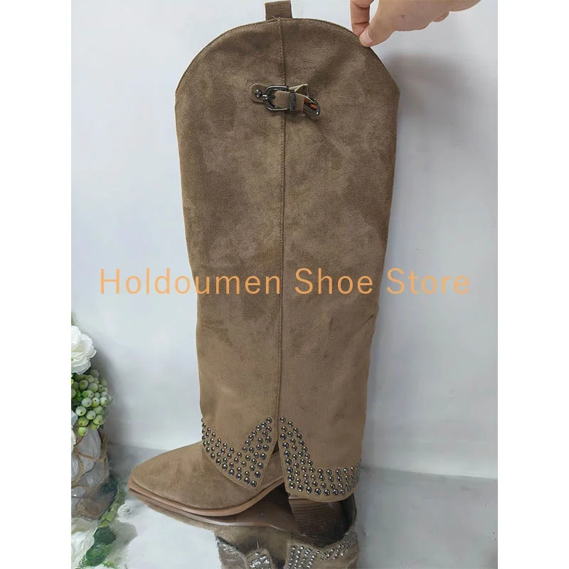 

Fashion Point Toe Suede Western Women's Boot Sexy Rivet Decor Belt Buckle Wedge Heel Trouser Boots Hot Chick Autumn Street Boots