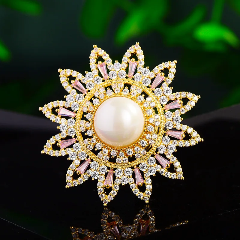 

2023 OKILY Temperament Zirconium Sunflower Brooch Pins Magnet Buckle Design Fashion Creative Hollow Out Floral Pin and Brooch