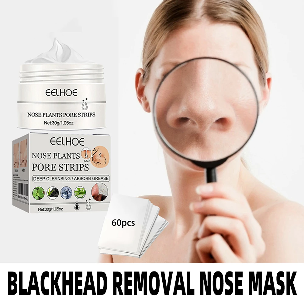 60Pcs Blackhead Remover Cream Paper Plant Pore Strips Nose Acne Cleansing Mud Mask Treatments Black Dots Peel Off Skin Care Tool