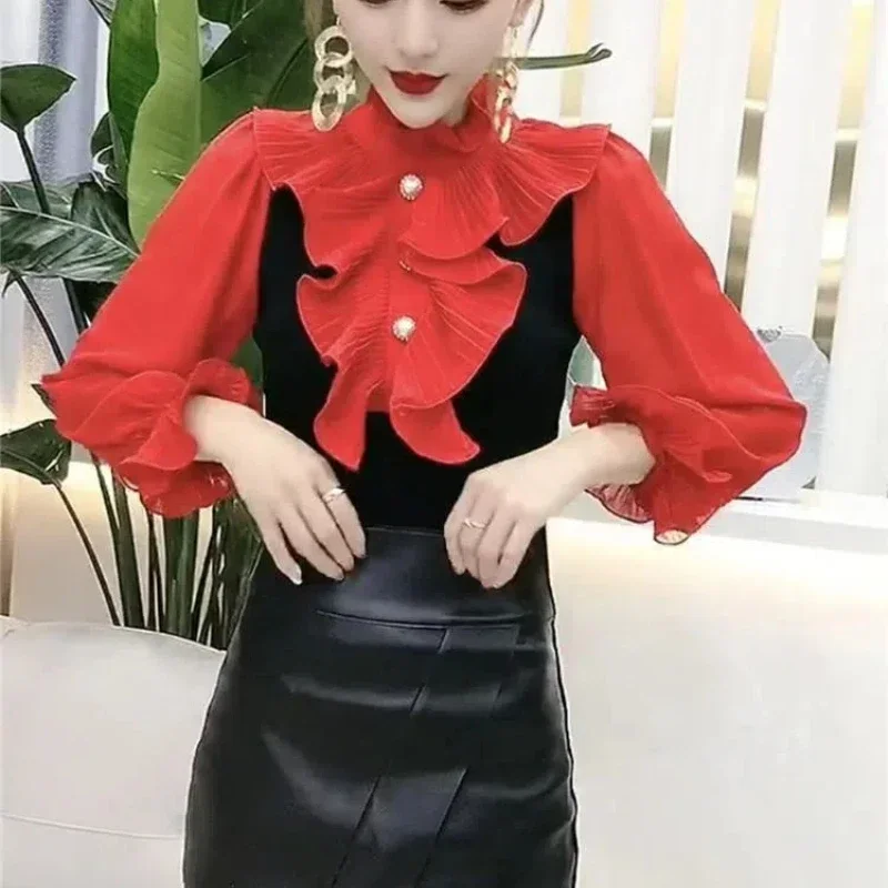 Odzież damska Ruffles Patchwork Elegancka koszula Topy Wiosna Jesień Kontrastowa bluzka biurowa z długim rękawem Moda Vintage ZT253