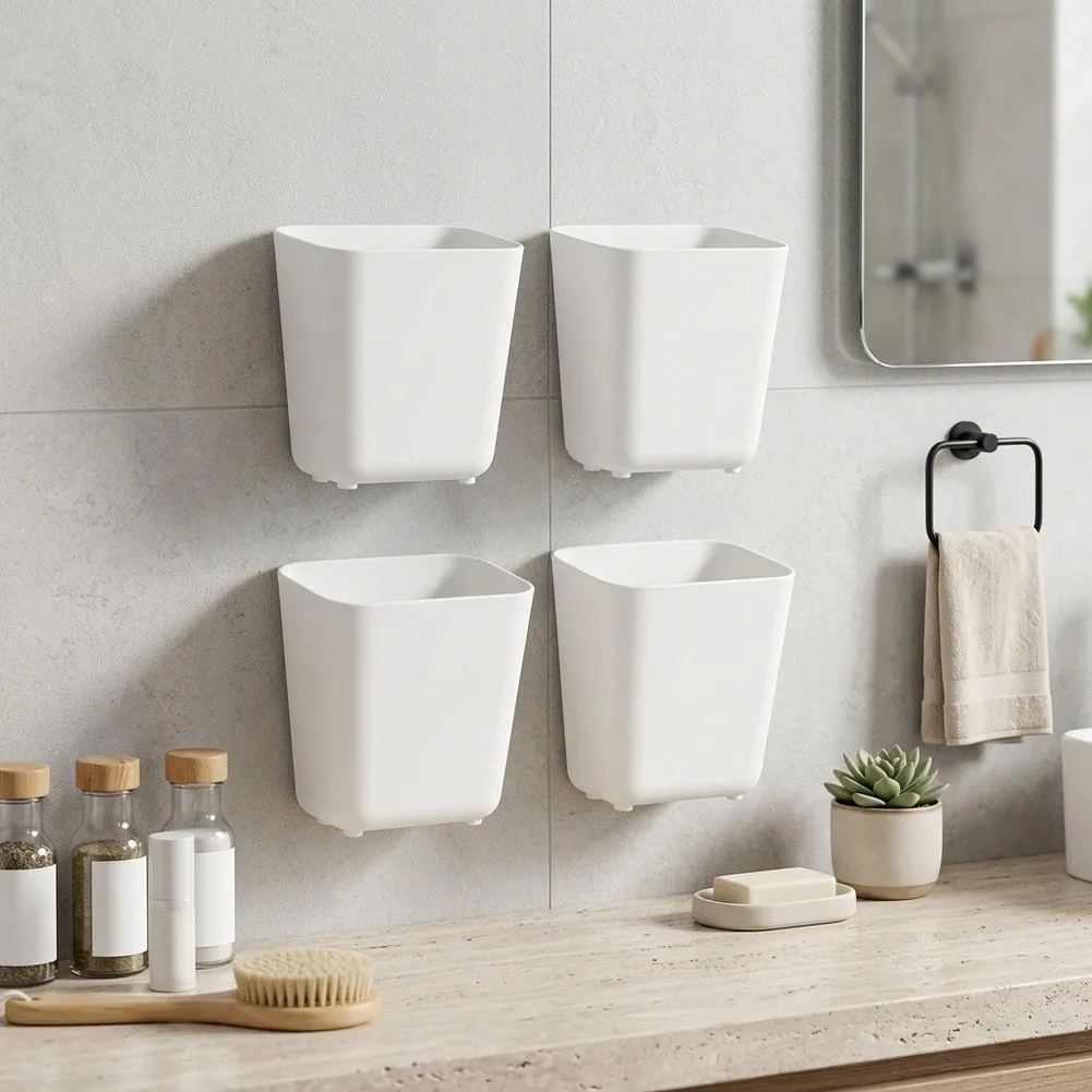 Space Saving Wall Mount Storage Box Set of 4 Plastic Organizer Bins for Cabinets Corners Desktop Toiletries Spices White