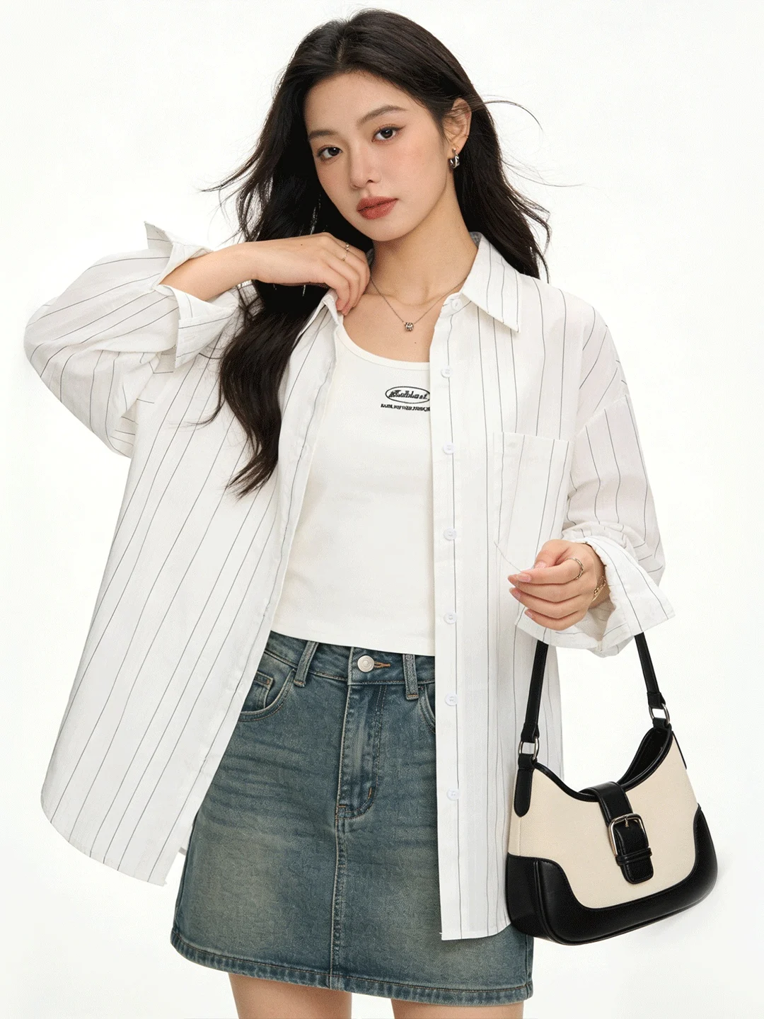 

Spring Summer Casual Korean Striped Sun Protection irt Jaet Women's Ele Strap Vest Two-Piece Set Slimming