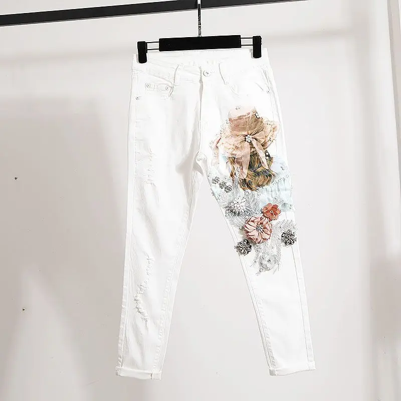 

2022 Autumn New Korean Version Tide All-match Embroidery Slim White Cropped Pants Straight Pants Jeans Women