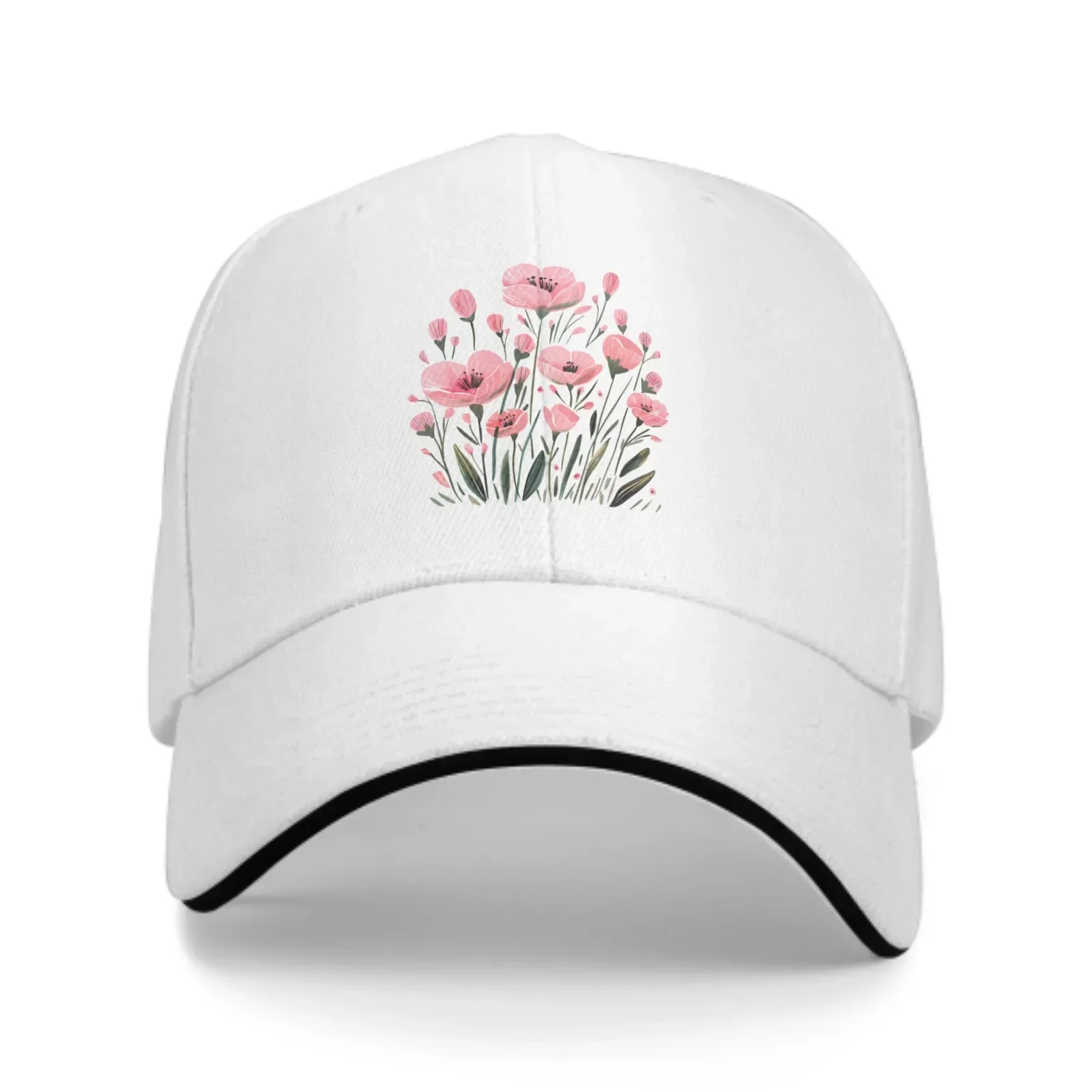 Pink Flowers Baseball Cap Stamping Printing Sandwich Duck Tongue Hat Spring Summer Fashion Washed Sports Outdoor Travel