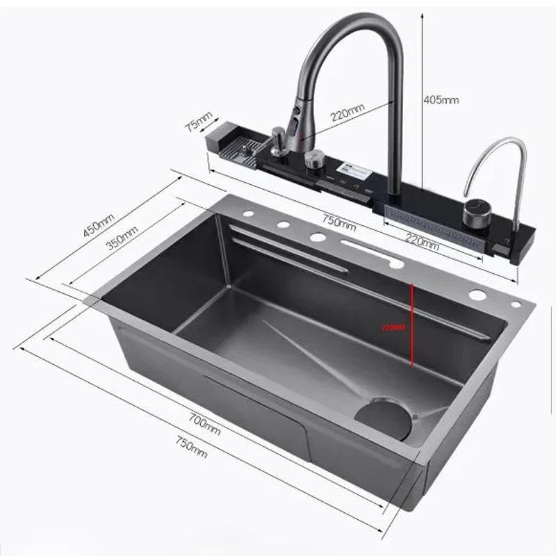 Aida Complete Whole Set Waterfall Kitchen Sink Stainless Steel Sinks Big Single Bowl With Dish Rack Under Mount Sinks