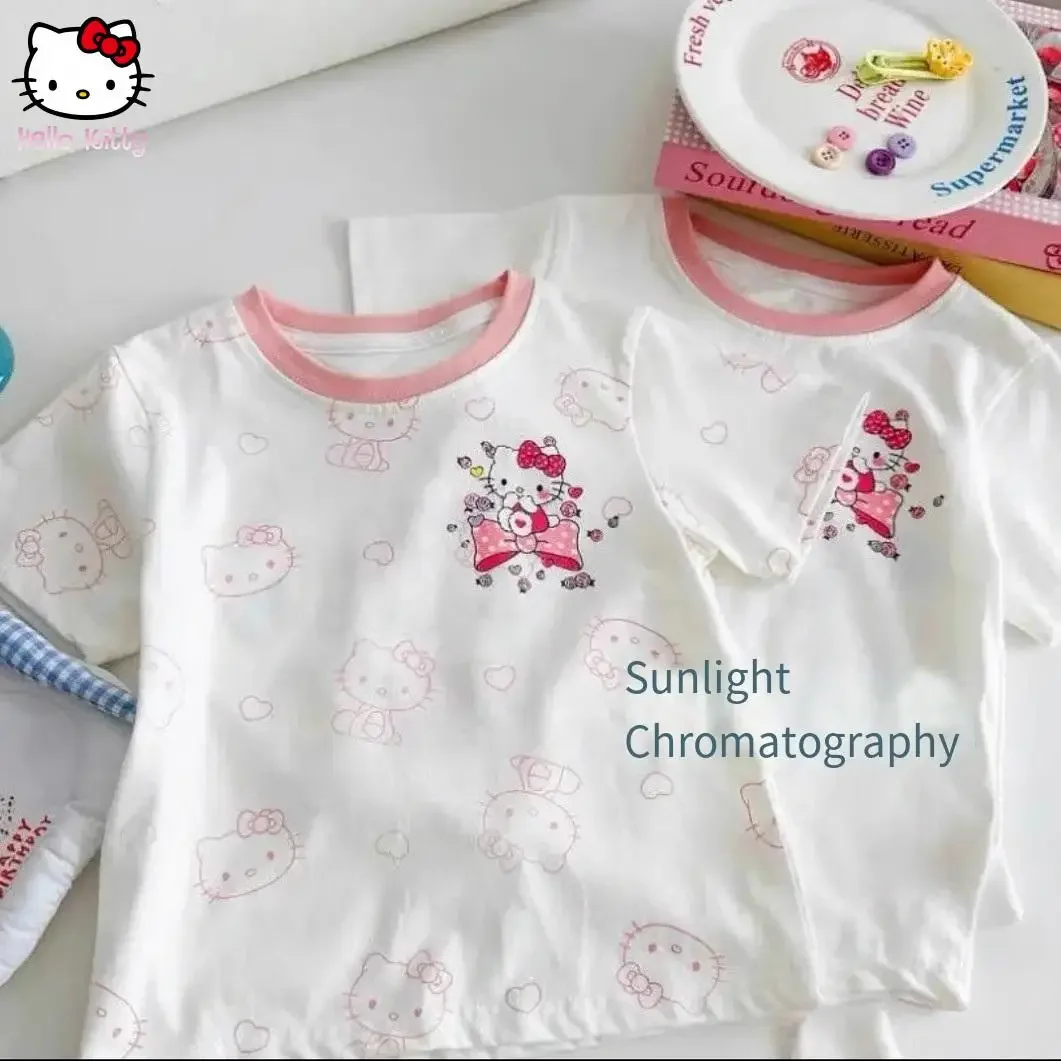 

Sanrio Girl Kawaii аниме с короткими рукавами Kuromi Hello Kitty, летняя новая модная хлопковая футболка с героями мультфильмов, детские милые мягкие повседневные топы