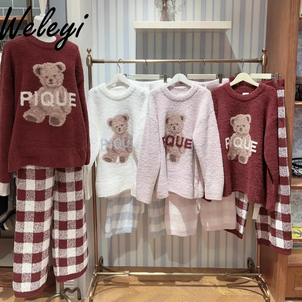 Cute GP Japanese Soft Loungewear Women Winter Warm New Year Christmas Red Sweet Bear Plaid Half Velvet Pijama Mujer Sleep Wears