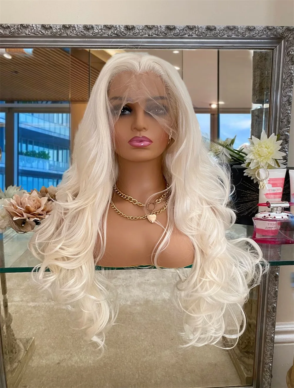 

FANXITION Platinum Blonde Lace Front Wigs Long Body Wave Synthetic Wigs for Women Natural Looking Layered Hair Wig Daily Use Wig