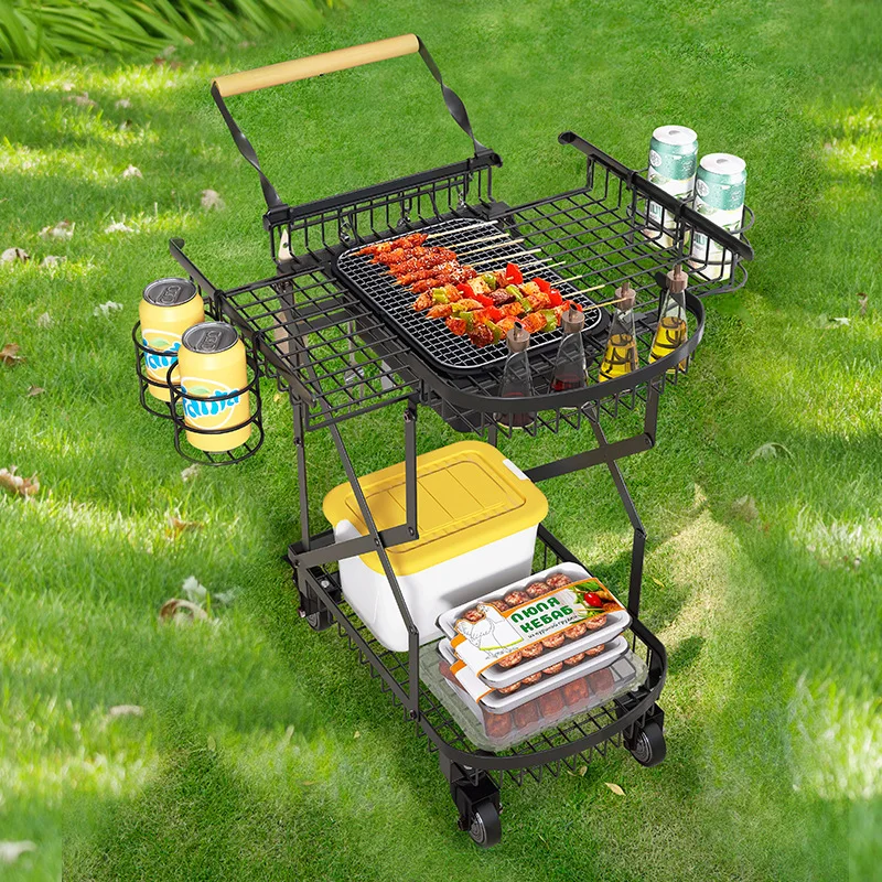 Outdoor foldable camping bbq cart - multi-functional mobile portable grill cart with grill