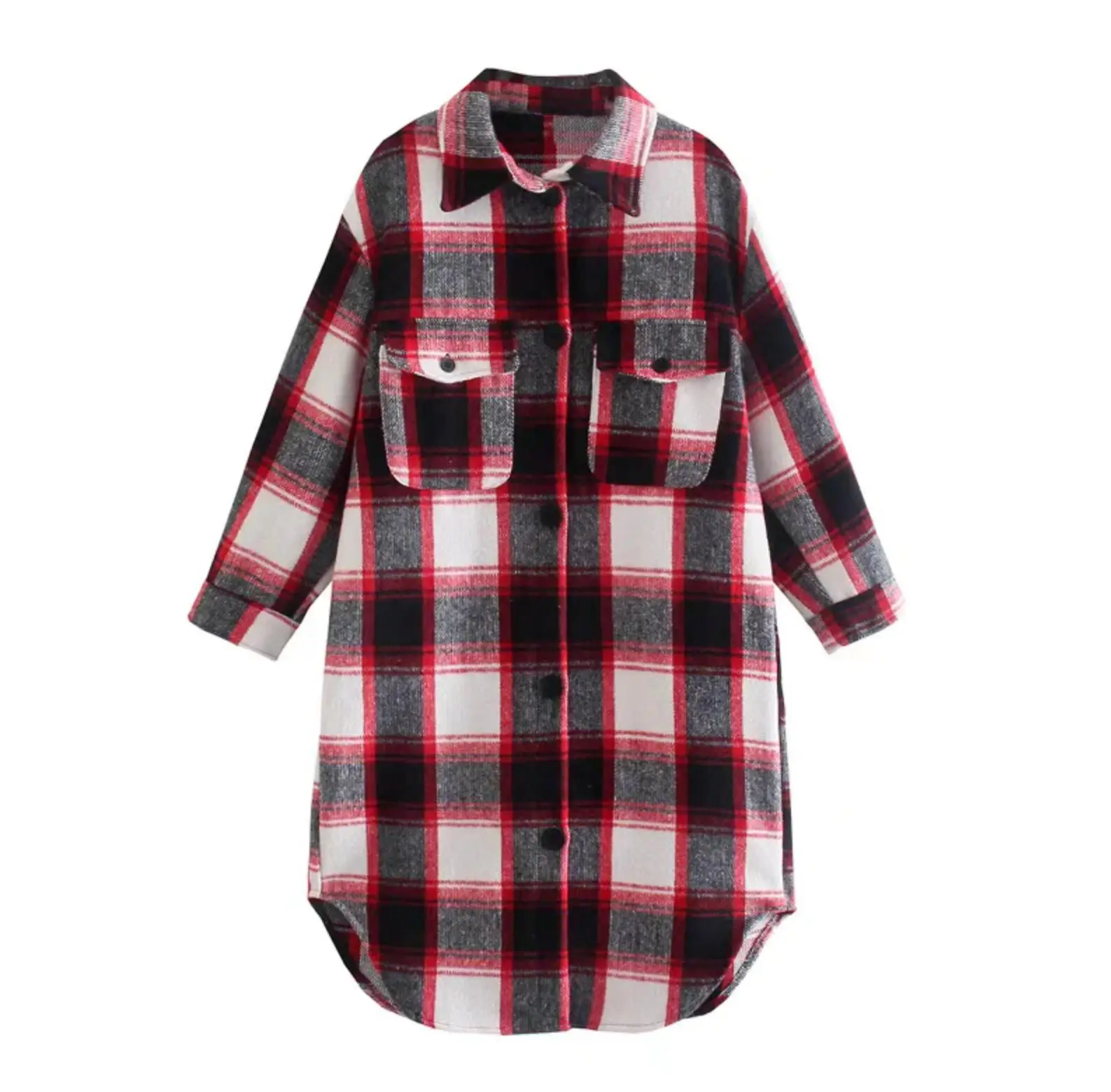 Autumn Winter Blue Gingham Check Plaid Midi Long Shirt  Women Lapel Single-breasted Buttons Causal Blouse Tops