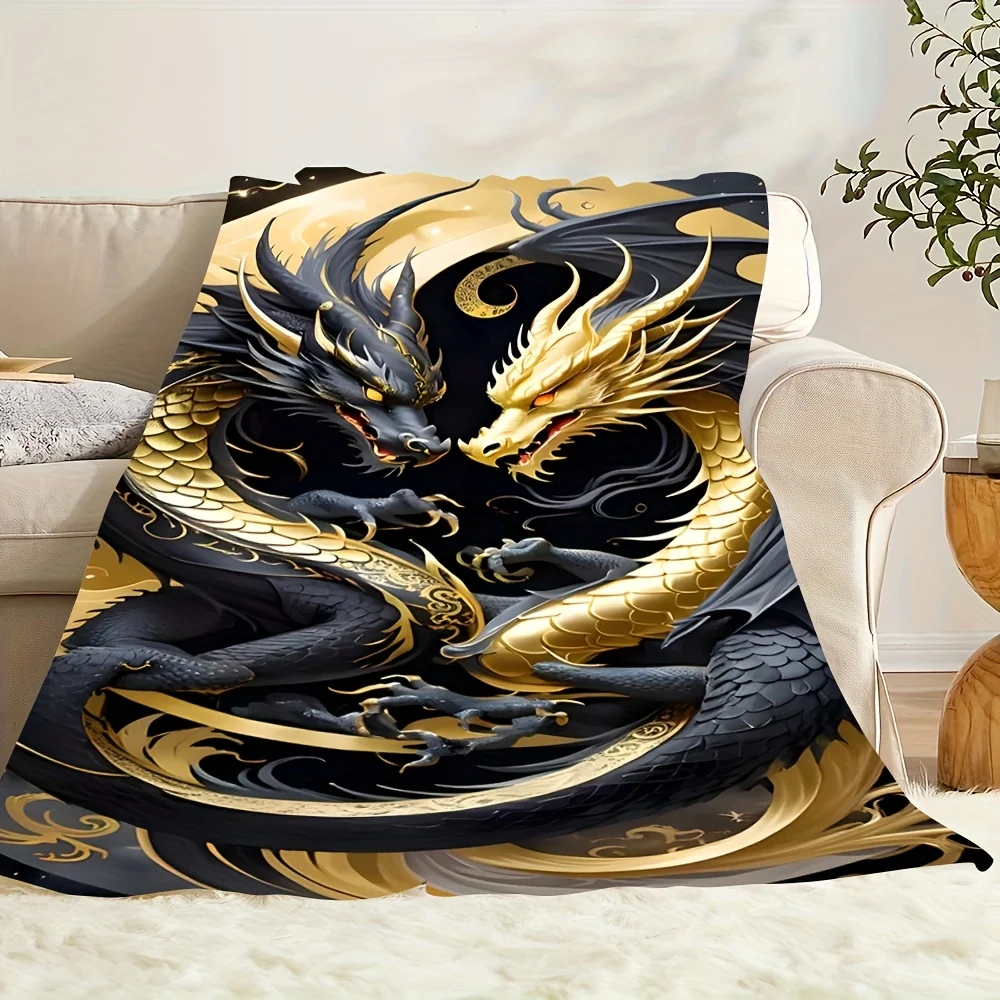 Customize [Black Golden Fleece] Black Golden Double Dragon Fleece Blanket | Traditional Chinese Style | Soft Warm Holiday Gift f