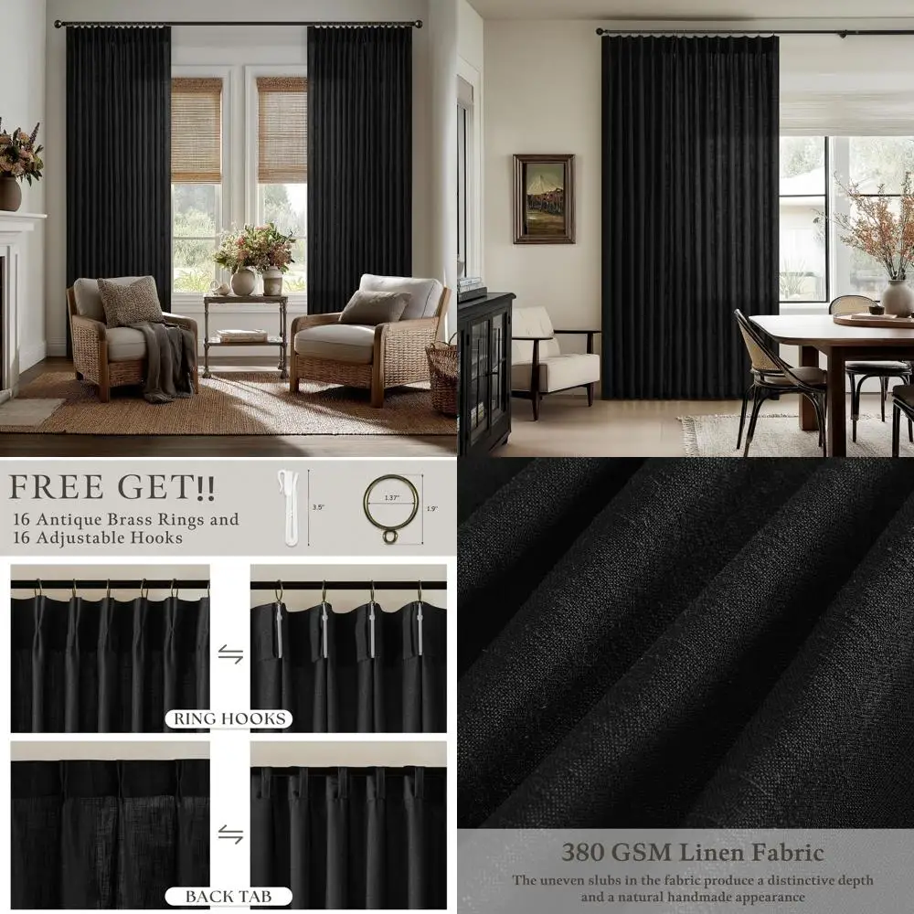

Черные льняные плиссированные шторы, длина 84, набор из 2 шт. для гостиных, светофильтрация, стиль бохо