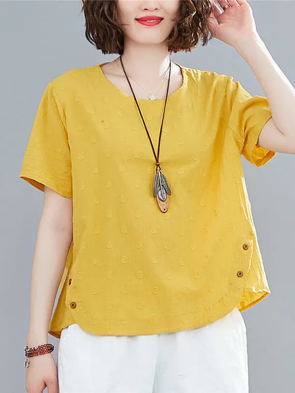 

Retro Artistic Color Loose Linen Summer T-Shirt Women's Casual Cotton Linen Embroidered Flower Short Sleeve Top