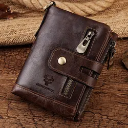 HUMERPAUL 100% Genuine Leather Wallet With For Men High-Capacity Card Holder Short Purse Double RFID Zipper Coin Bifold Pocket